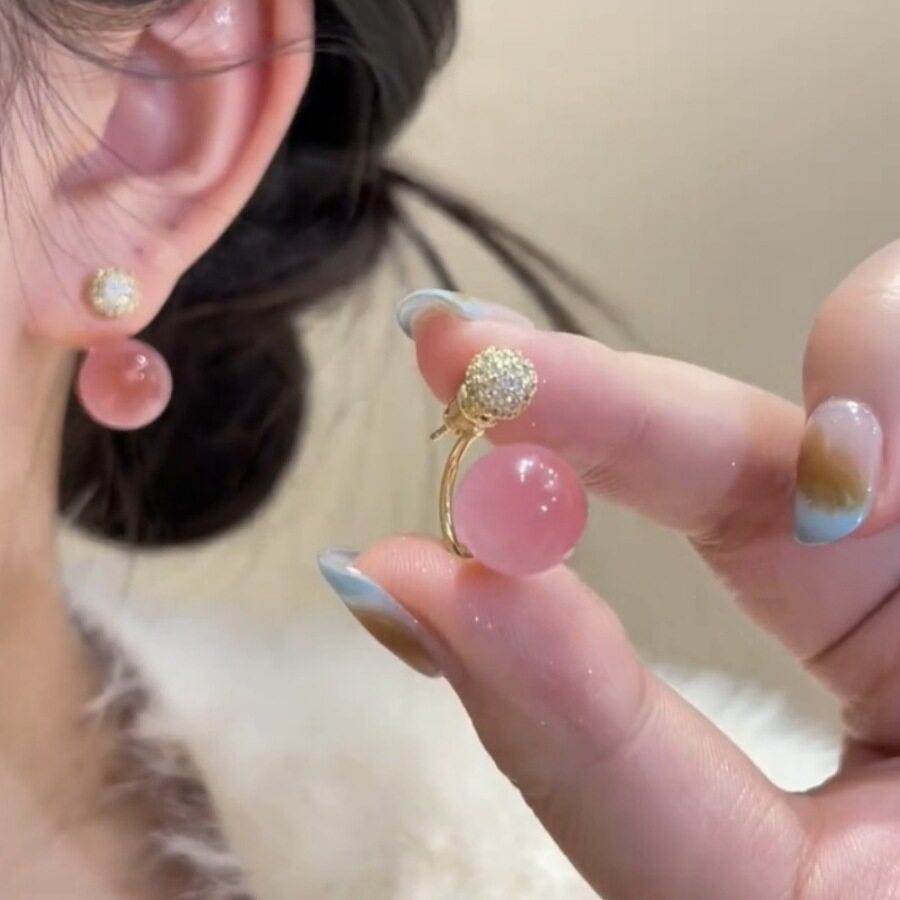 渐变粉色猫眼石前后戴圆珠耳环女轻奢高级感耳钉小众独特设计耳饰