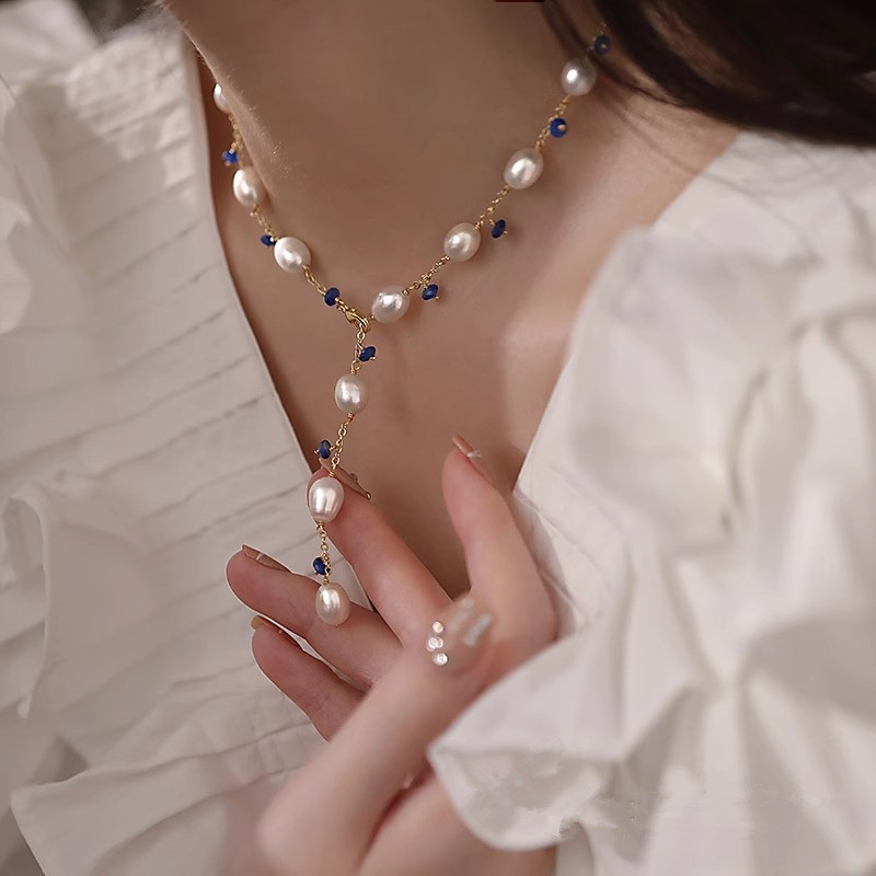 巴洛克异形淡水珍珠项链梦幻蓝色水晶少女心锁骨链女气质手链套装
