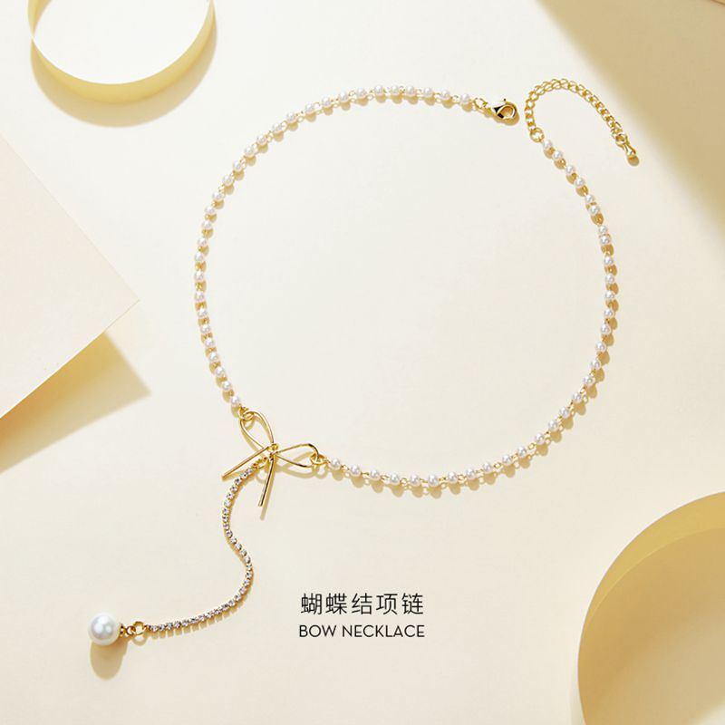 网红蝴蝶结项链珍珠锁骨链女个性脖子饰品choker项圈微镶水钻颈链