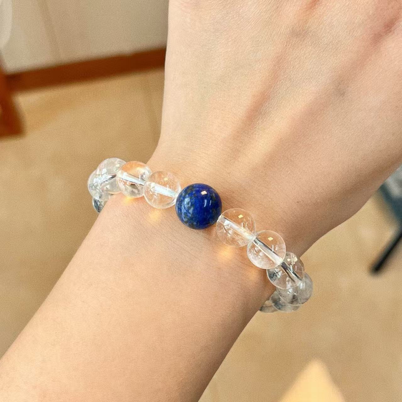 10mm天然白水晶12mm青金石设计感撞色手链手串