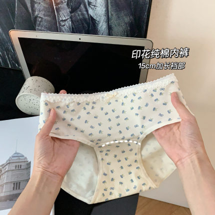 纯棉内裤女小碎花拼接蕾丝少女印花内裤10A加长抑菌裆中腰三角裤