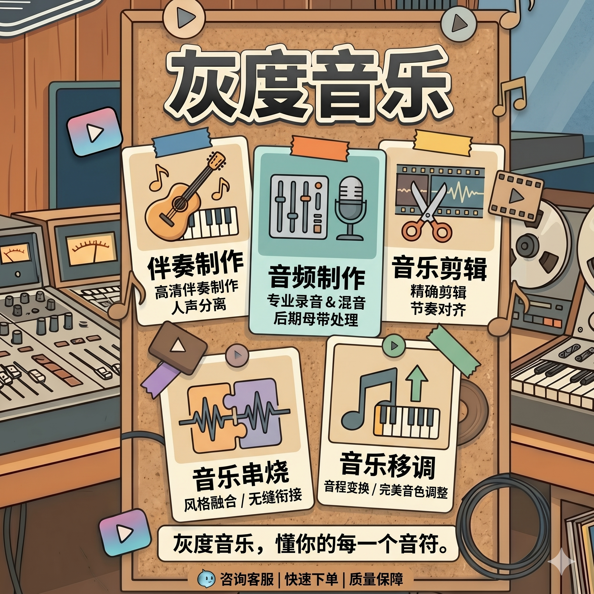 音乐制作剪辑提取伴奏词曲编音频修音降调配乐视频转格式音频制作