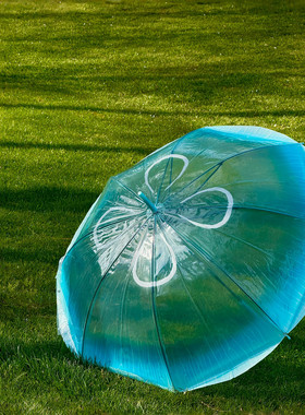 蓝色蘑菇~梦幻水母渐变透明雨伞小众高级ins风加厚长柄雨具高颜值