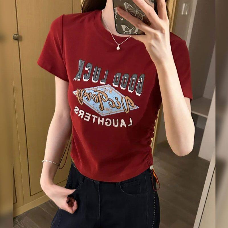 短款宽松型抽绳字母休闲风圆领T恤短袖女显瘦小个子洋气高腰夏季