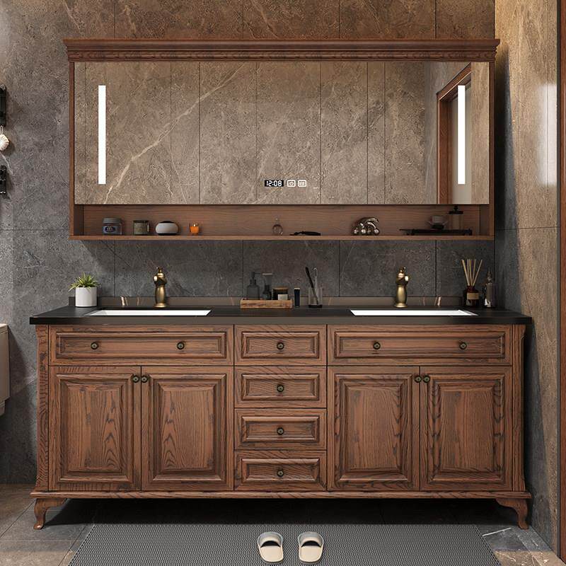 美式红橡木岩板浴室柜组合化妆室实木落地式智能洗手盆洗漱台双槽