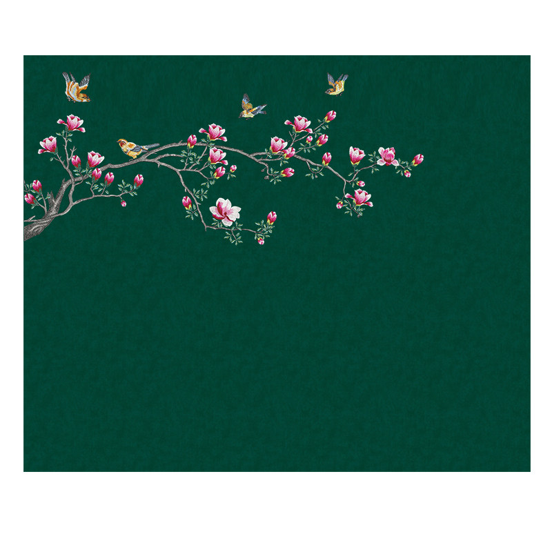 刺绣墙布背景墙独绣新中式花鸟客厅壁布无缝蓝色壁画床头沙发卧室