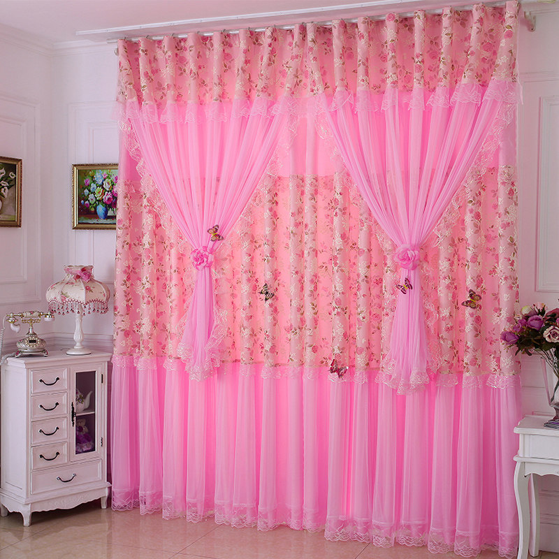 特价高档定制成品窗帘卧室纱布一体韩式温馨加厚粉色紫色遮光布料