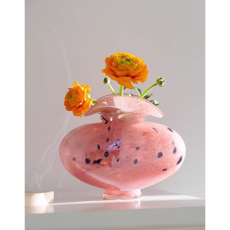 新品中古琉璃花瓶摆件轻奢高级感点点粉色客厅桌面插花装饰品摆设图片