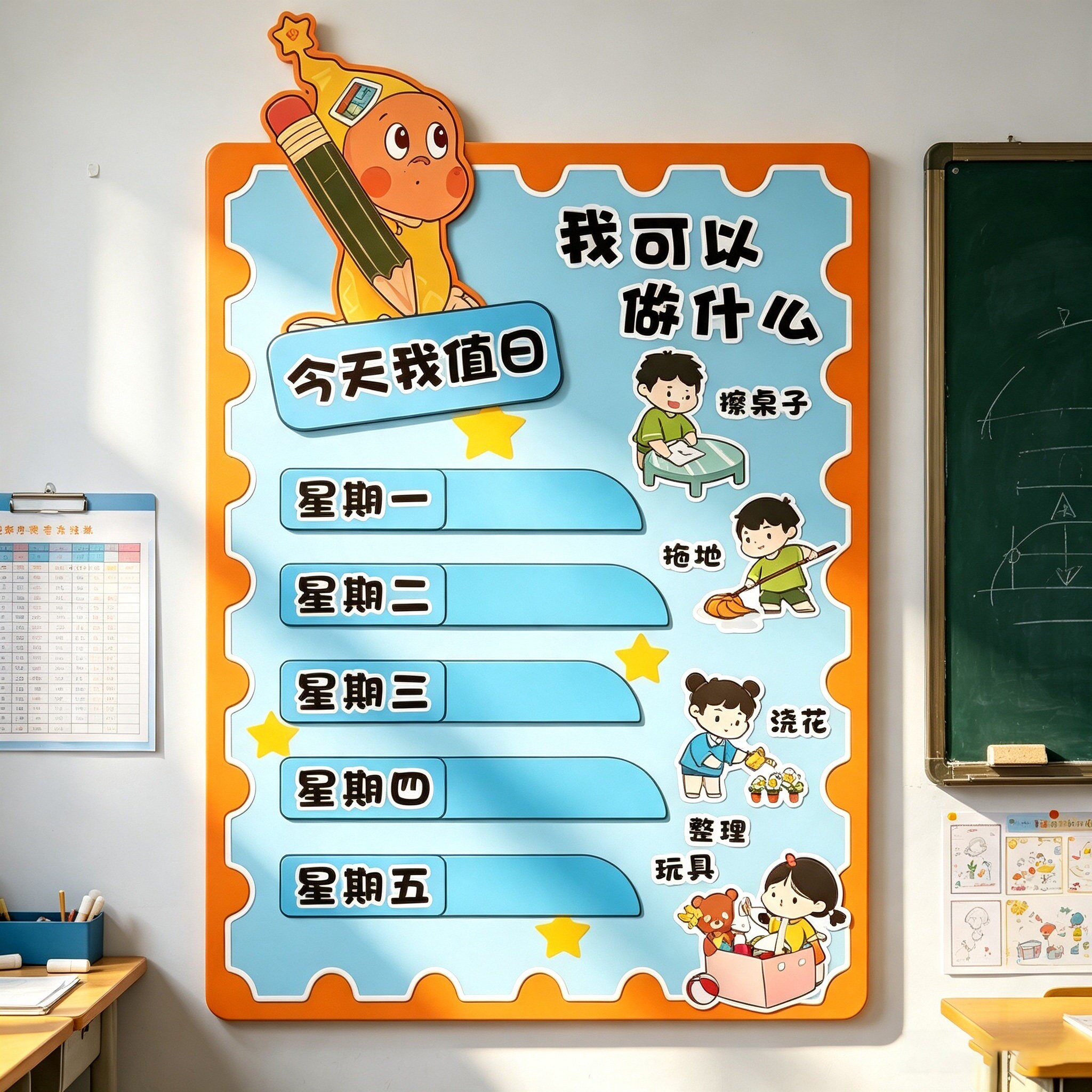 星星人环创班级布置教室今天我值日卫生角文化墙贴纸幼儿园值日生
