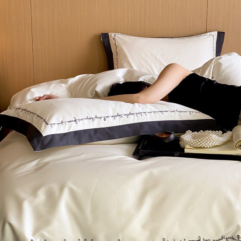 极简轻奢风100S长绒棉四件套简约字母刺绣全棉被套床单款床上用品