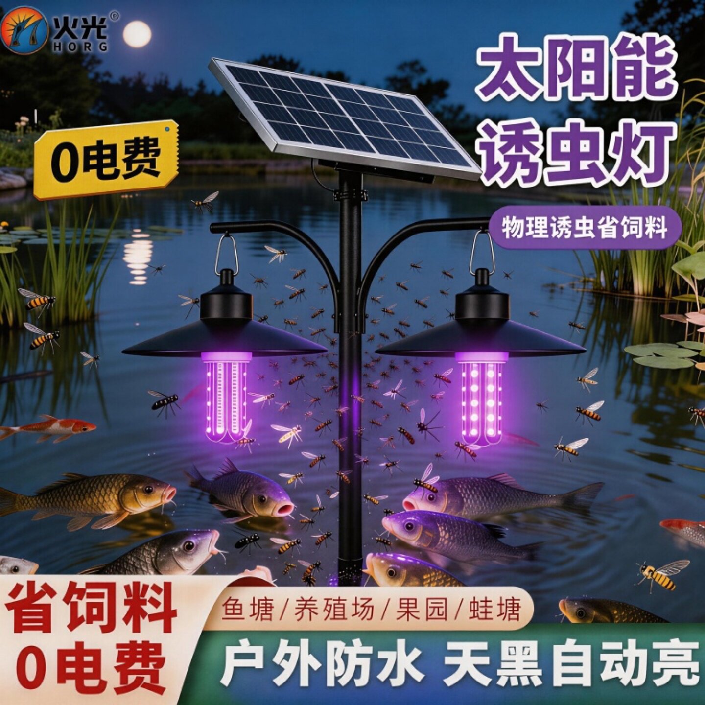 火光鱼塘太阳能诱虫喂鱼灯