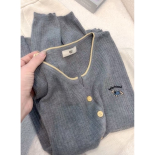 丽家~腊肠狗灰色针织开衫上衣时尚百搭宽上衣女士长袖