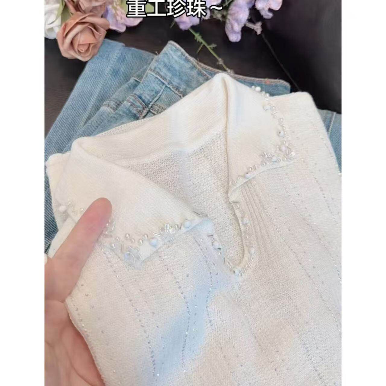 丽姐家~重工珍珠时尚百搭夏季纯色上衣