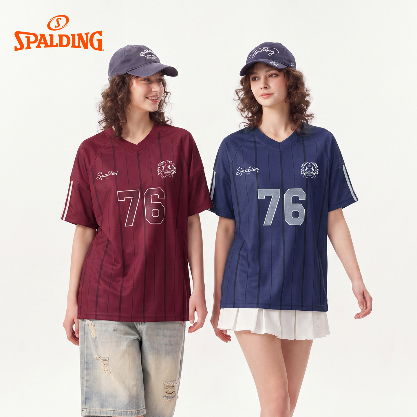 SPALDING 斯伯丁条纹V领球衣短袖女网眼速干宽松篮球训练上衣图片