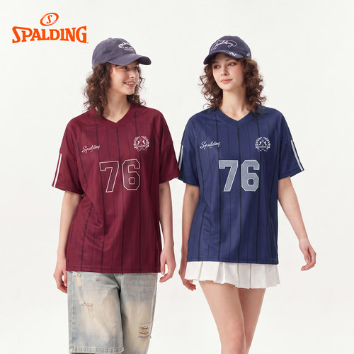 Spalding/斯伯丁条纹V领球衣短袖女网眼速干宽松篮球训练上衣