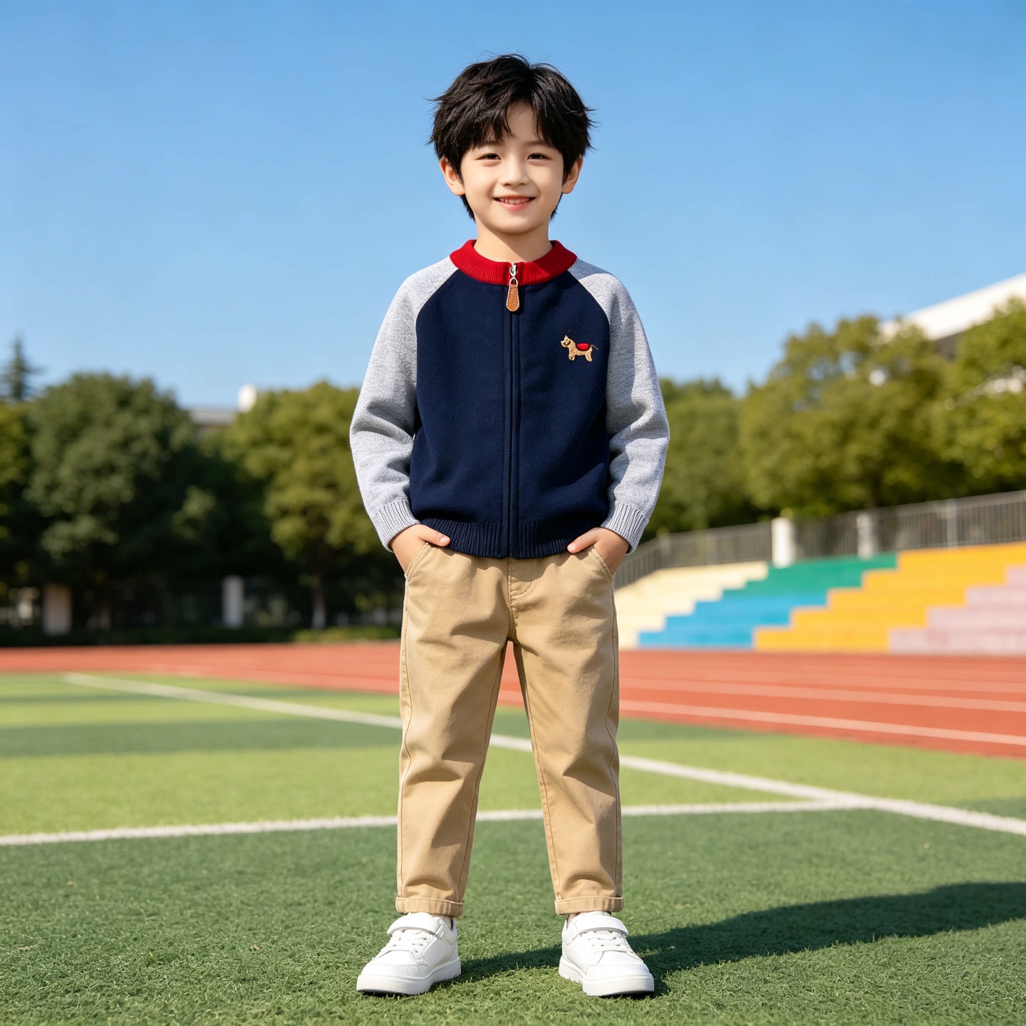 男童小狗刺绣针织外套春秋款儿童拼色拉链开衫宝宝插肩袖毛衣外搭