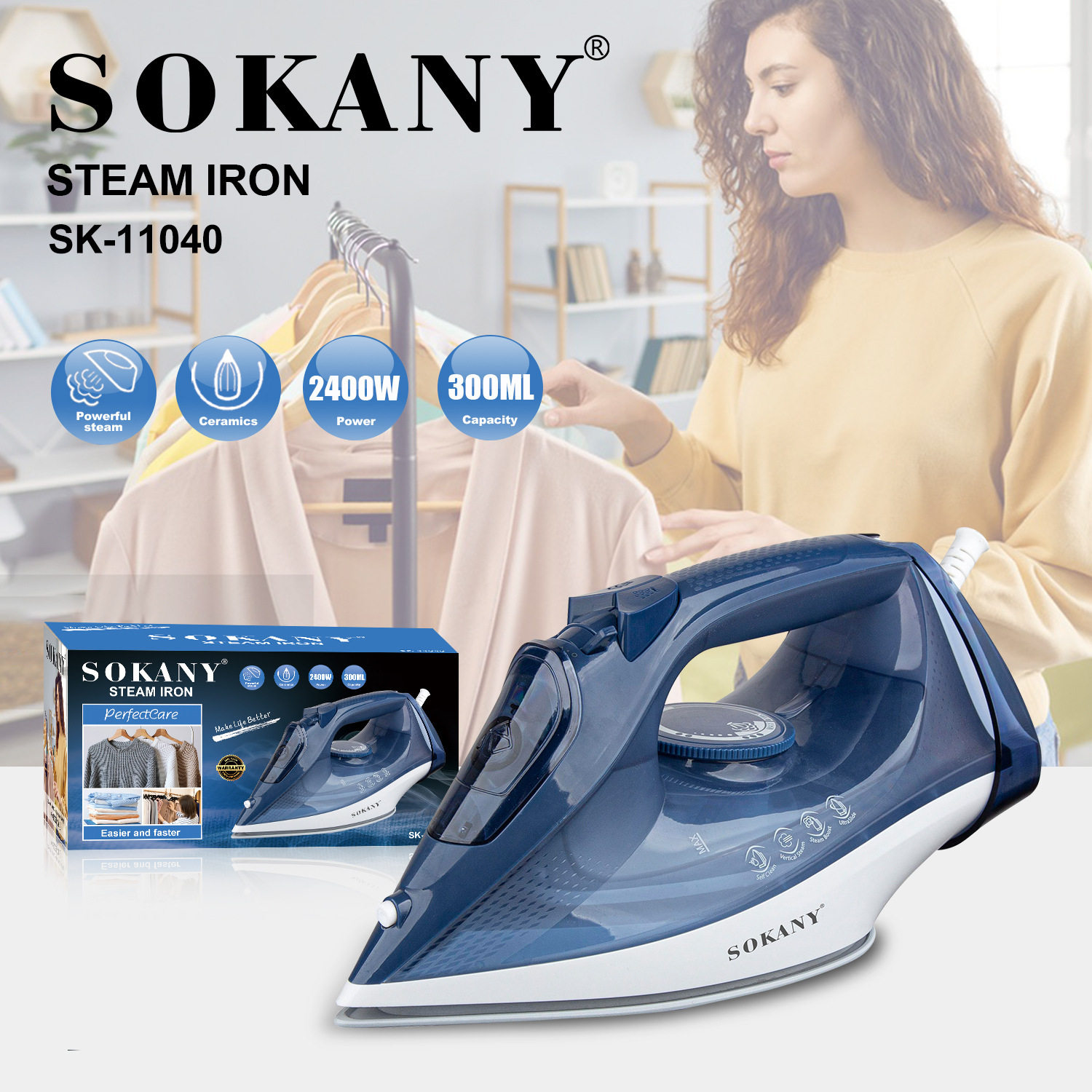 外贸SOKANY11040熨斗家用熨烫衣物快速除皱蒸汽熨斗2400W电熨斗 - 实物图