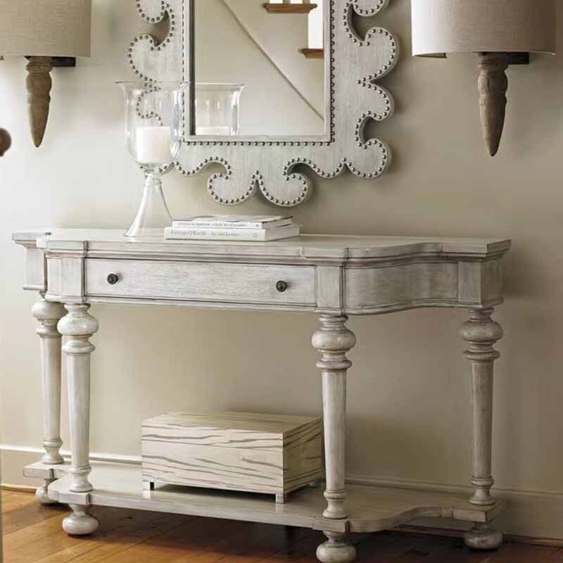 美式乡村复古玄关长桌 实木进门白色做旧客厅餐边柜 储物靠墙桌子