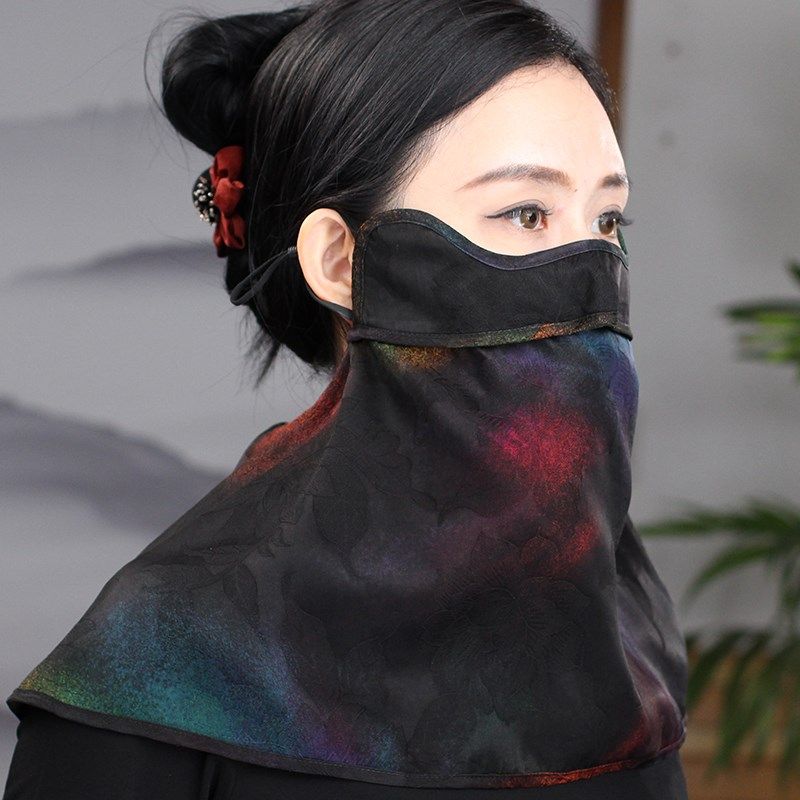香云纱护眼角有透气孔口罩护颈防晒面纱桑蚕丝档太阳防风防尘脸罩