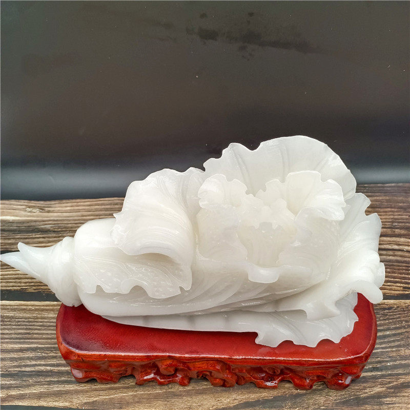 阿富汗白玉白菜摆件纯手工明清古典桌面工艺品实木根雕底座礼盒装