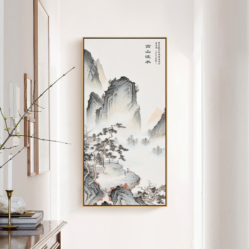 新中式玄关装饰松树国画走廊竖版水墨山水挂画中国风走廊走廊定做