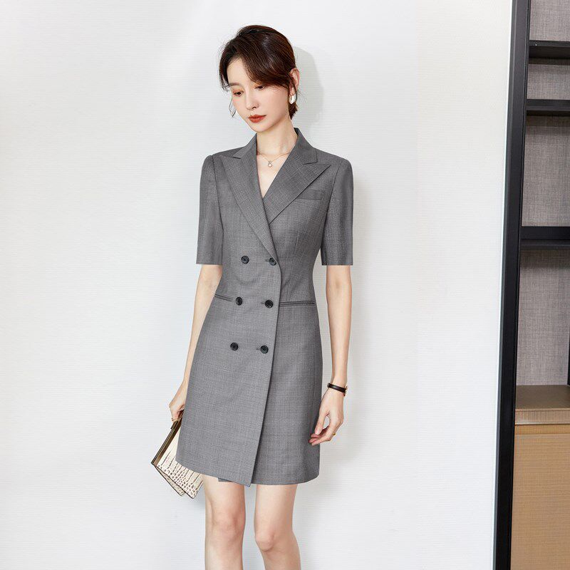 灰色西装连衣裙工作服职业气质女气质名媛高端珠宝店前台工作服