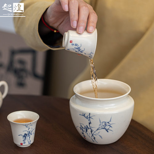 苏打釉手绘竹子茶洗 茶渣缸建水陶瓷中式家用盖碗茶具茶水盂