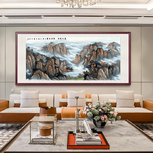 新中式山水画客厅挂画八方聚财画高山流水生财无太阳西墙客厅国画