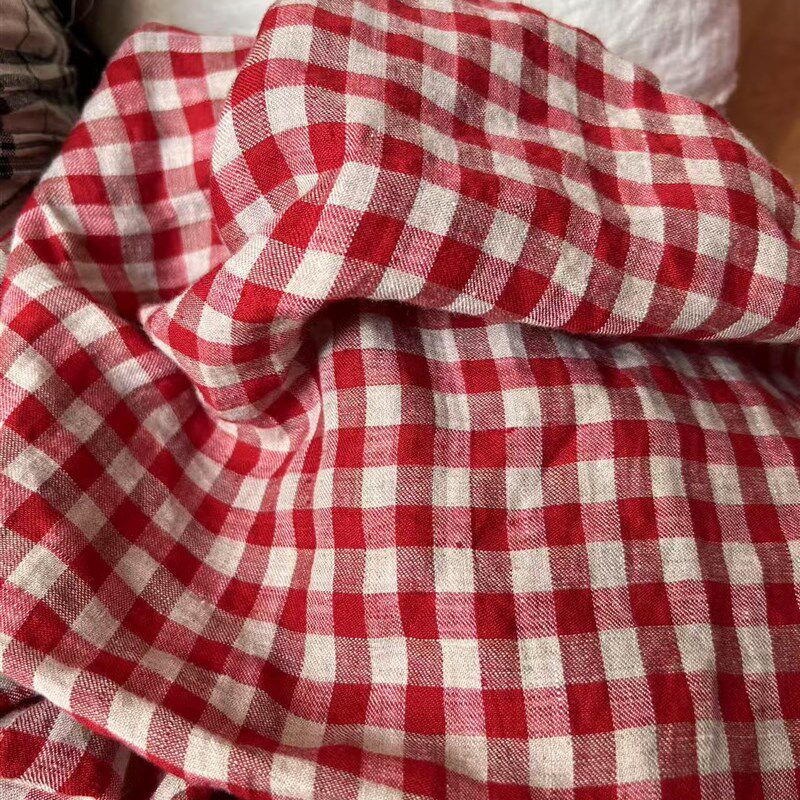 雨露麻色织红色格纯亚麻格子布料旗袍连衣裙衬衫裤子服装面料