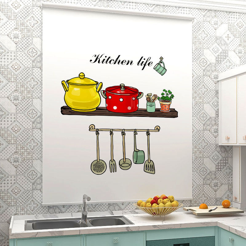 厨房窗帘防水防油遮光遮阳防晒隔热升降窗户遮挡帘免打孔安装卷帘