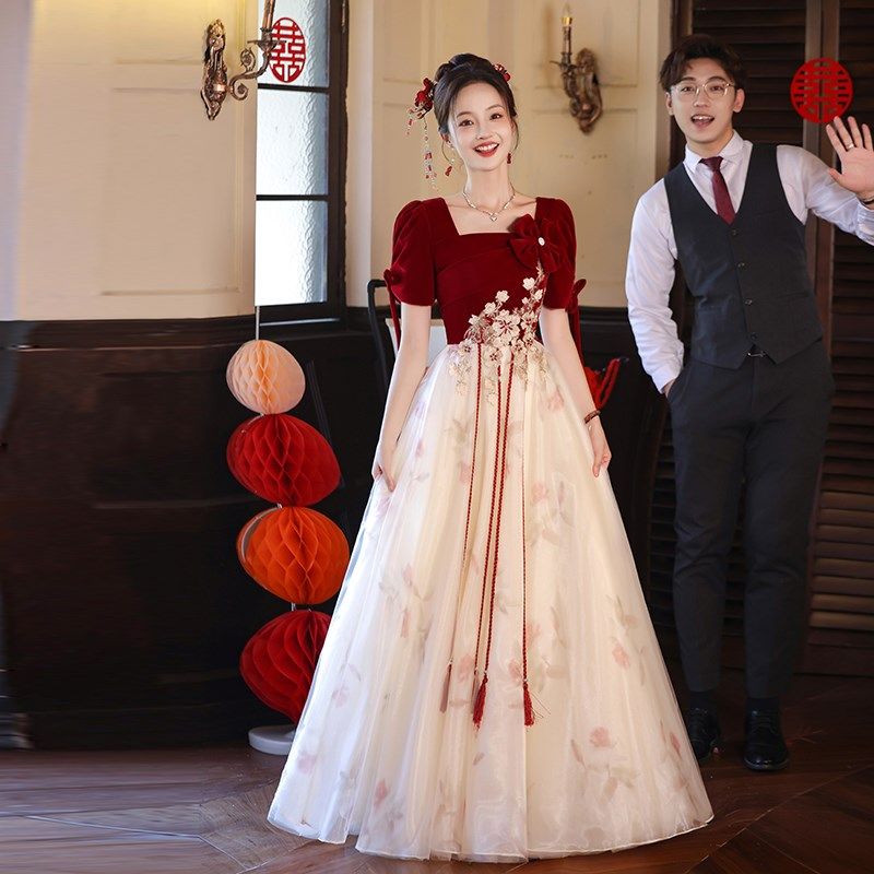 大码敬酒服女新娘中国风订婚礼服连衣裙2024新款胖mm香槟色回门服