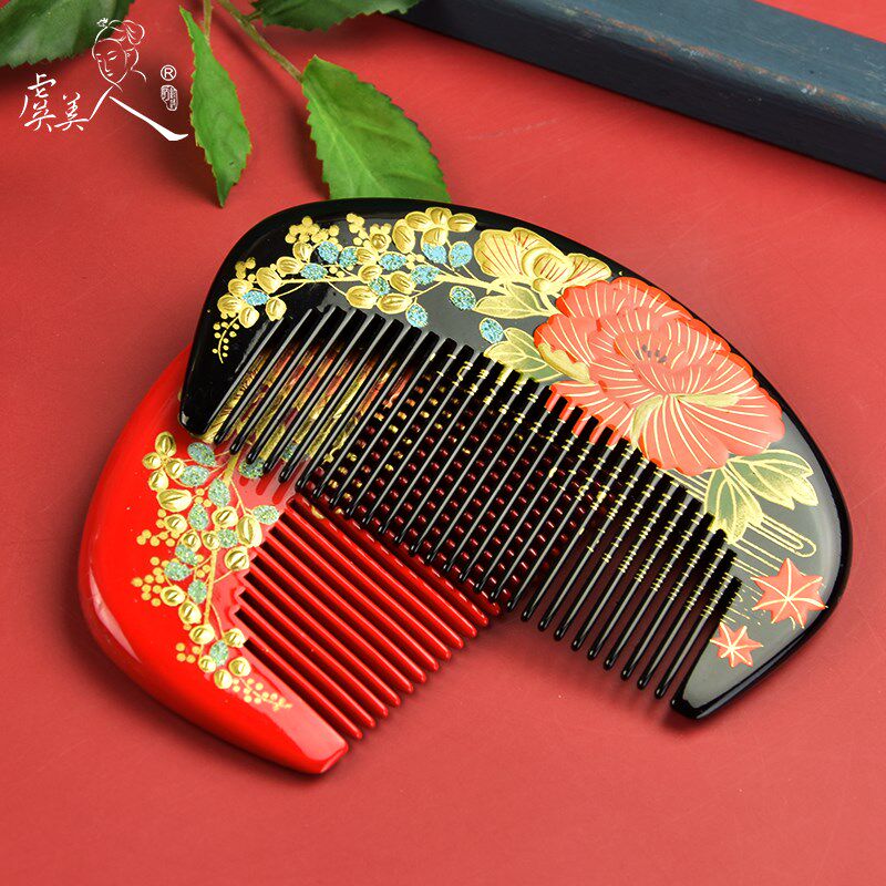 虞美人漆艺新娘红婚庆结婚礼物喜庆梳子礼盒木梳国色天香刻字陪嫁