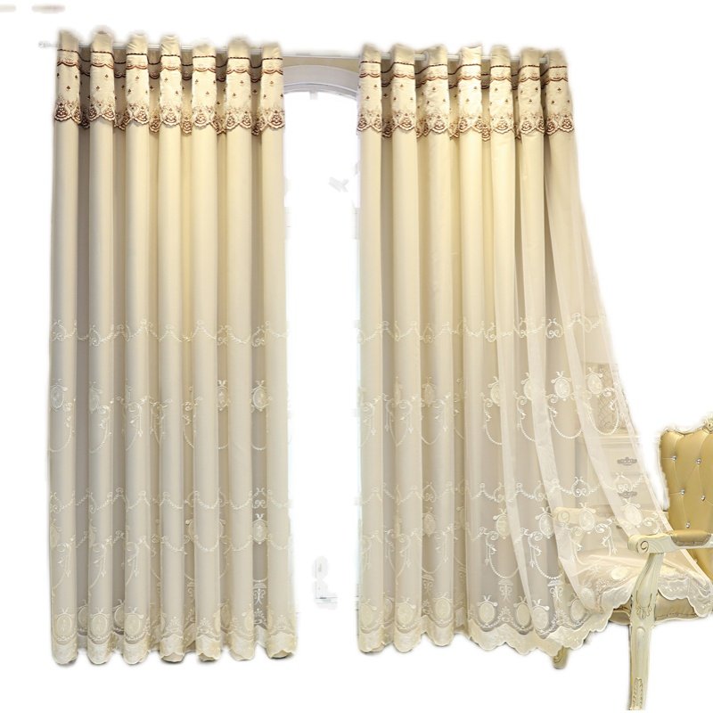 欧式简约双层绣花窗帘窗纱全遮光布隔音隔热客厅卧室阳台高档大气