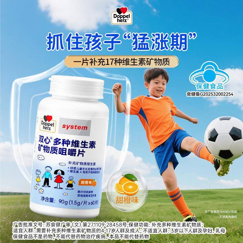 多宝双心儿童多种维生素ad钙片b族d3蓝帽子青少年4岁+官方经营店