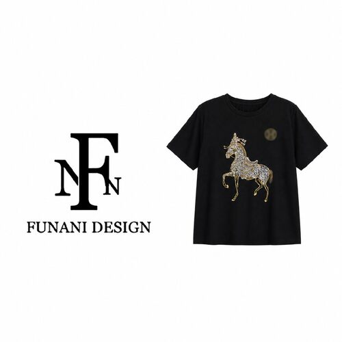 【FUNANI】2026黑色重工上衣V领荡领钉珠花卉短袖衫 F2621083A