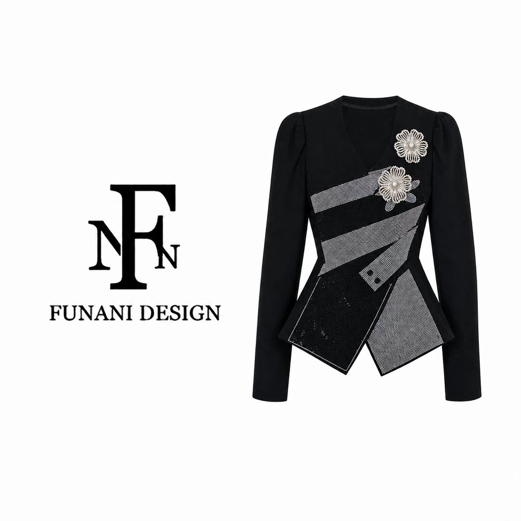 FNN黑色烫钻长袖上衣女秋设计感收腰v领打底衫内搭外穿DF2630973A图片