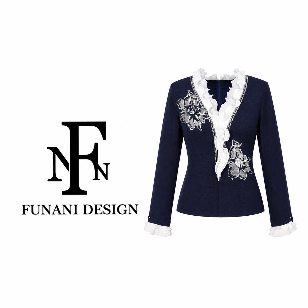 FNN藏蓝色V领木耳边长袖上衣女秋季高级感气质针织衫DZ2630014E