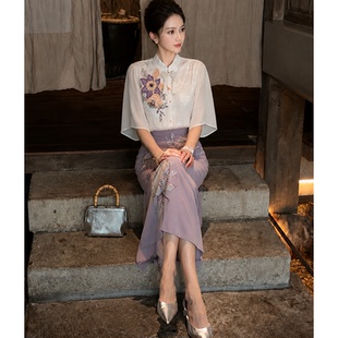 白紫重工绣花衬衫气质法式直筒半裙新中式套装女夏F2620212