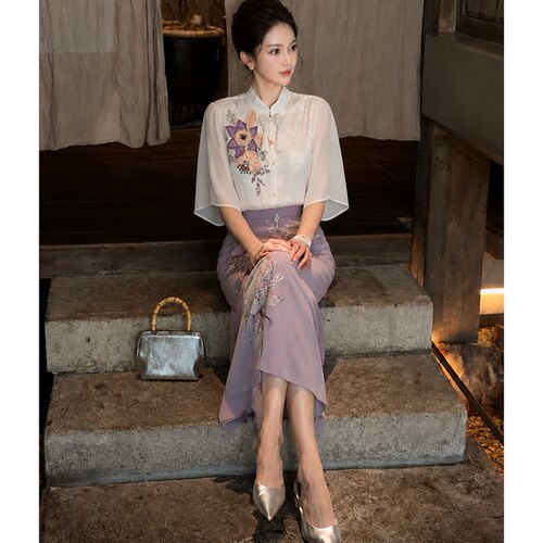 白紫重工绣花衬衫气质法式直筒半裙新中式套装女夏F2620212