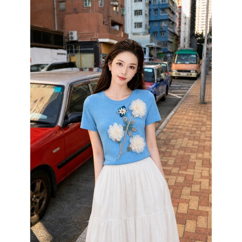 法式立体花朵装饰针织短袖两件套女秋季显瘦减龄套装F2620629A