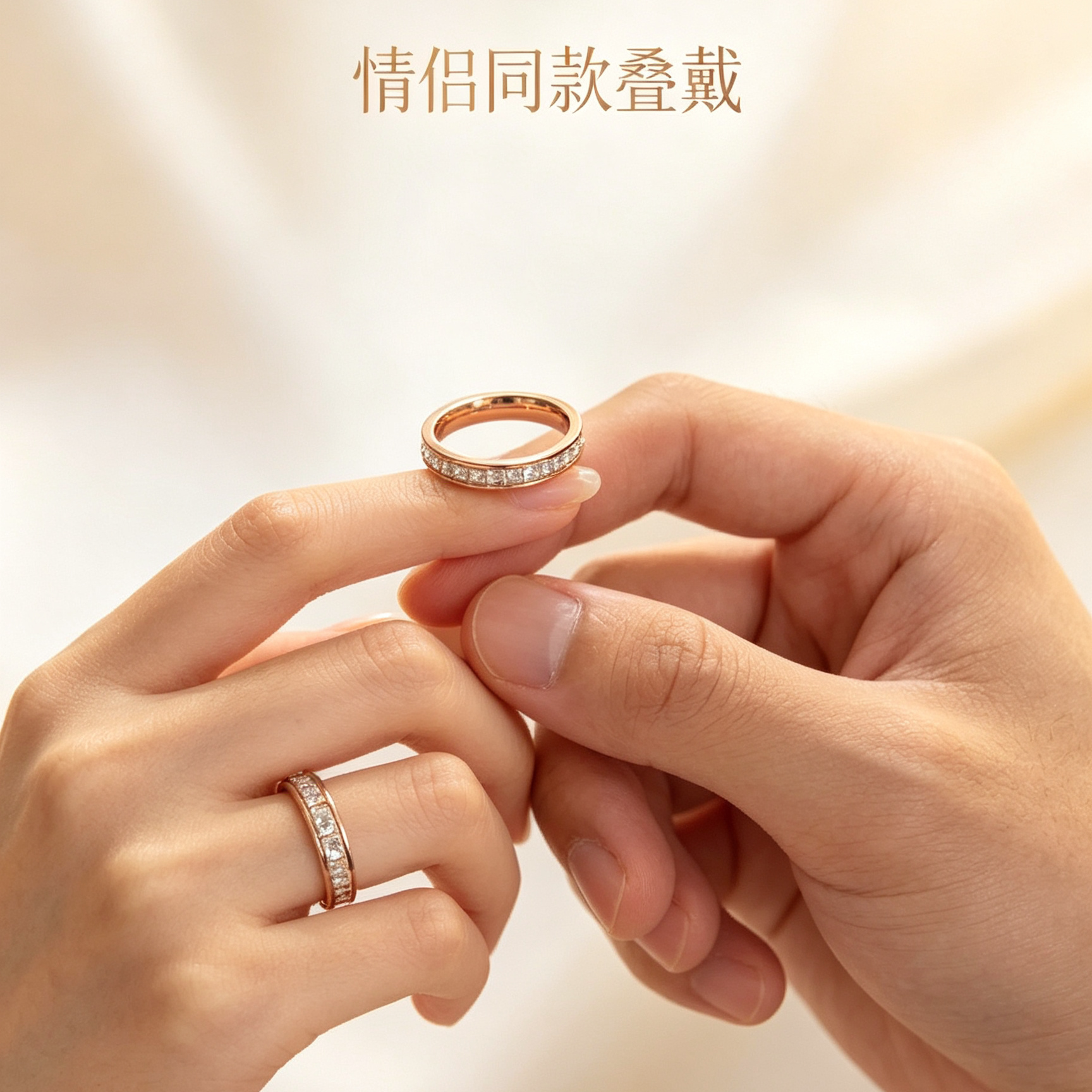 韩国版男女通用轻奢钻石戒指情侣同款玫瑰金指环高级感小众设计