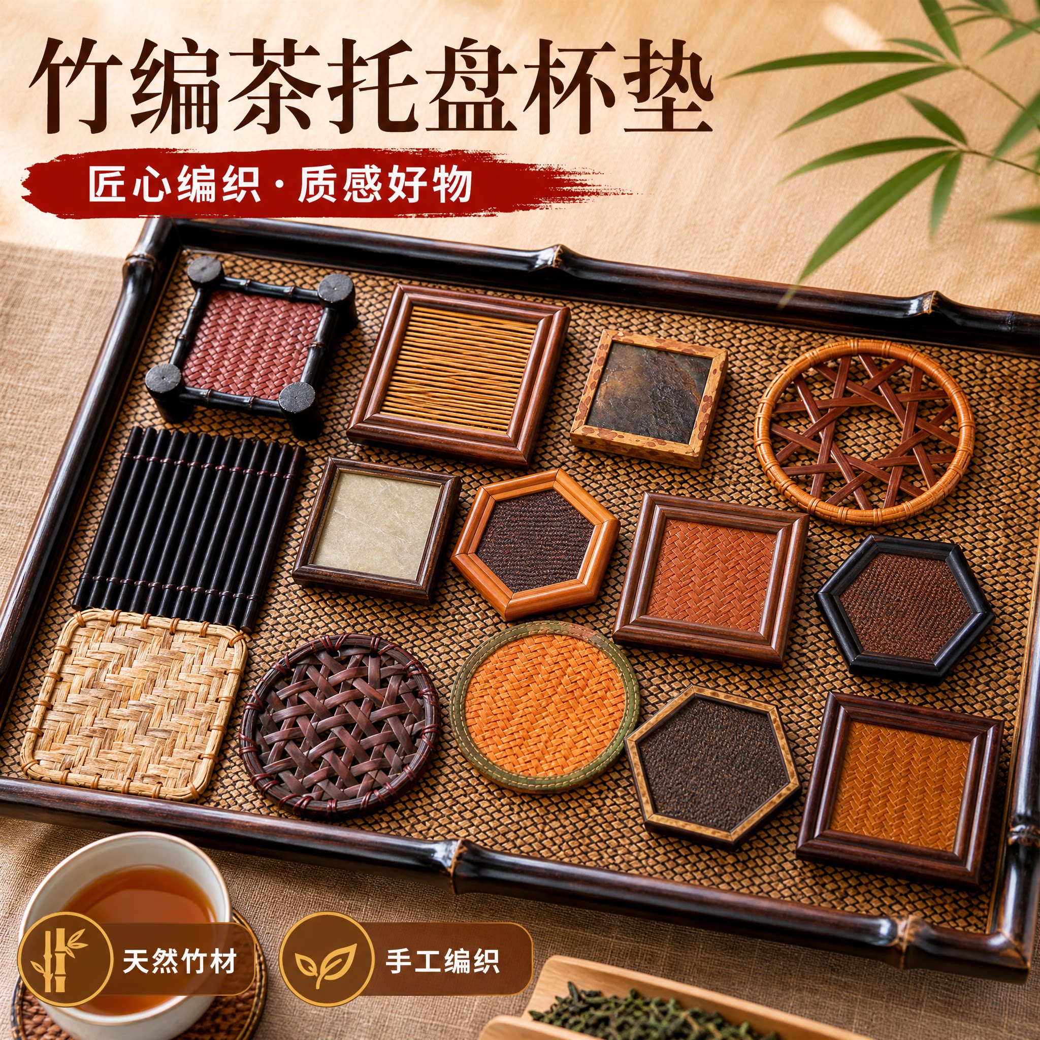 手工竹编复古隔热茶杯托茶具杯垫