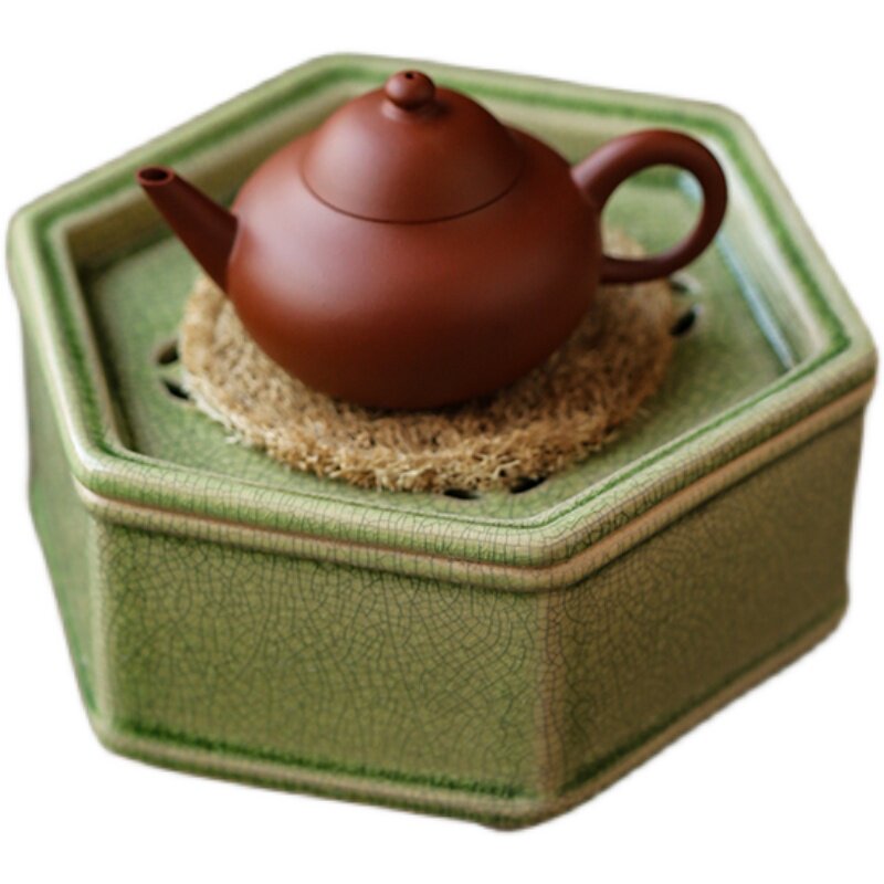 漳州窑绿釉茶盘六角壶承 单丛茶壶小茶盘开片干泡台潮汕工夫茶具