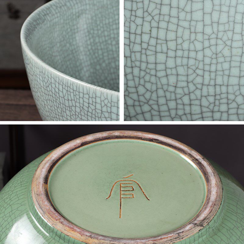 景德镇陶瓷养鱼盆荷花缸金鱼乌龟碗仿古开片官窑青釉装饰水缸摆件