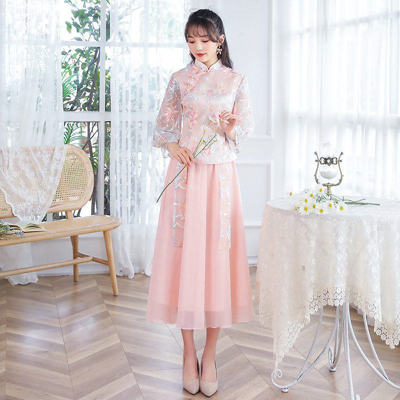 中式伴娘服婚礼中长款2021年新款伴娘礼服裙女仙气质中国风姐妹团