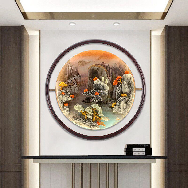 入户玄关装饰画客厅过道背景墙挂画3d立体浮雕玉雕新中式发光带灯