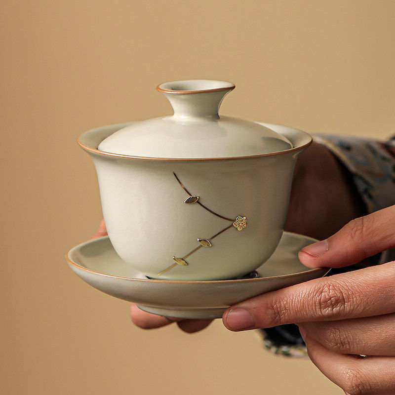 手工锔钉高档汝窑三才盖碗茶杯高档精致带盖子不烫手泡茶碗功夫茶