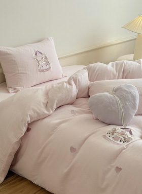 卡通刺绣！秋冬全棉皱皱纱四件套全纯棉床单绑带枕套加厚四季床品