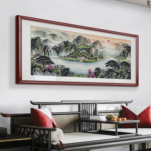 流水生财山水画客厅挂画新中式沙发背景墙装饰画办公室手绘风景画