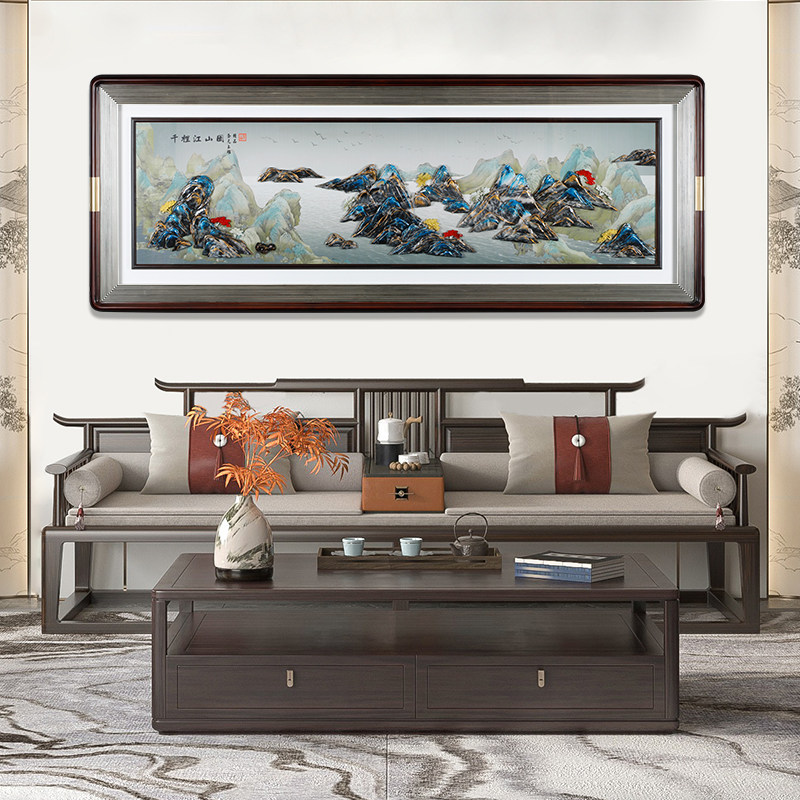 新中式简约客厅沙发背景墙装饰灯光挂画高档大气3d立体玉雕画书房